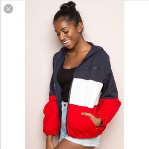 Blue, white, and red Windbreaker